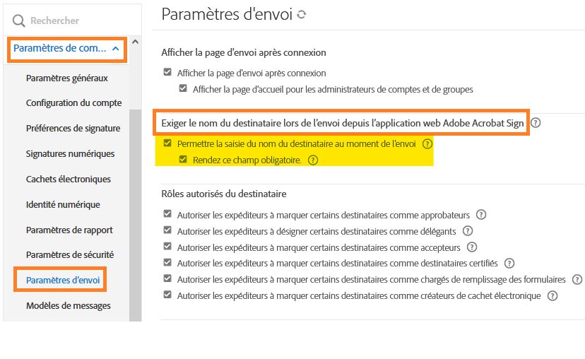 Navigation pour activer l’option Exiger le nom du destinataire lors de l’envoi