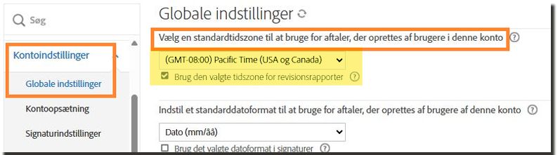 Fanen Globale indstillinger med standardindstillingen for tidszone fremhævet