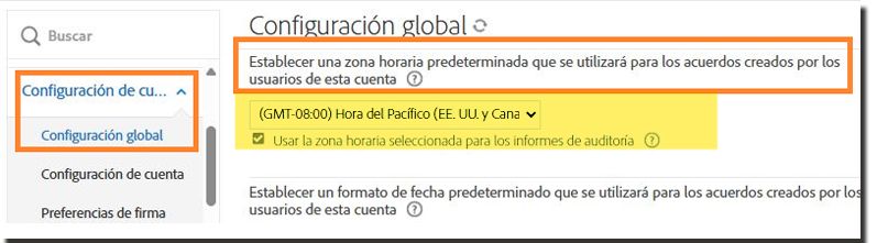 Pestaña Configuración global con la configuración de zona horaria predeterminada resaltada