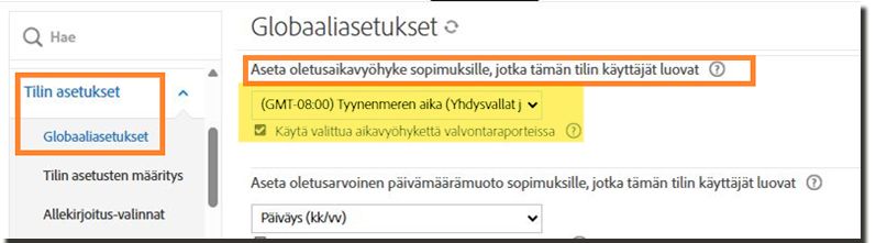 Yleiset asetukset -välilehti, jossa oletusaikavyöhykkeen asetus on korostettuna