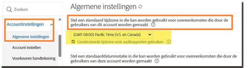 Het tabblad Algemene instellingen met de standaard tijdzone-instelling gemarkeerd