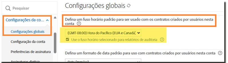 A guia Configurações globais com a configuração do fuso horário padrão realçada