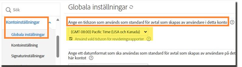 Fliken Globala inställningar med inställningen standardtidszon markerad