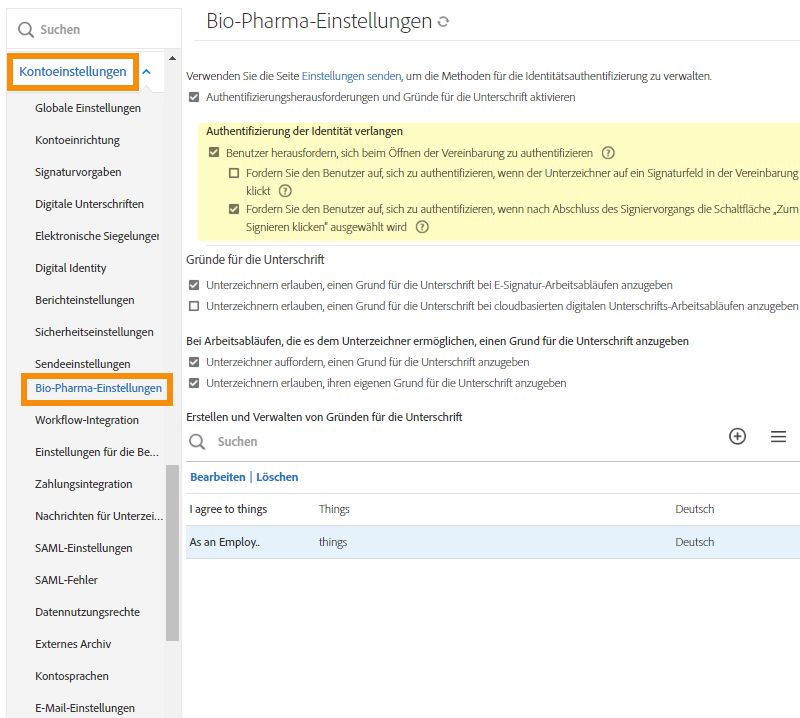 Navigiere auf der Bio-Pharma-Registerkarte zu den Optionen für „Authentifizierung der Identität verlangen“.