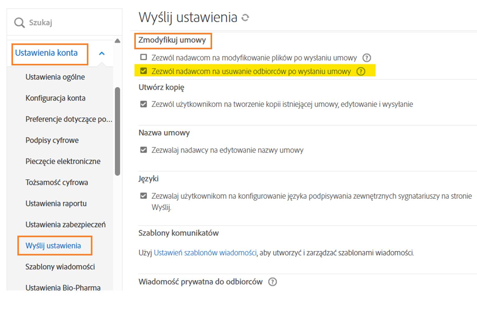 Menu Ustawienia wysyłania z podświetlonym elementem sterującym Modyfikuj umowę.
