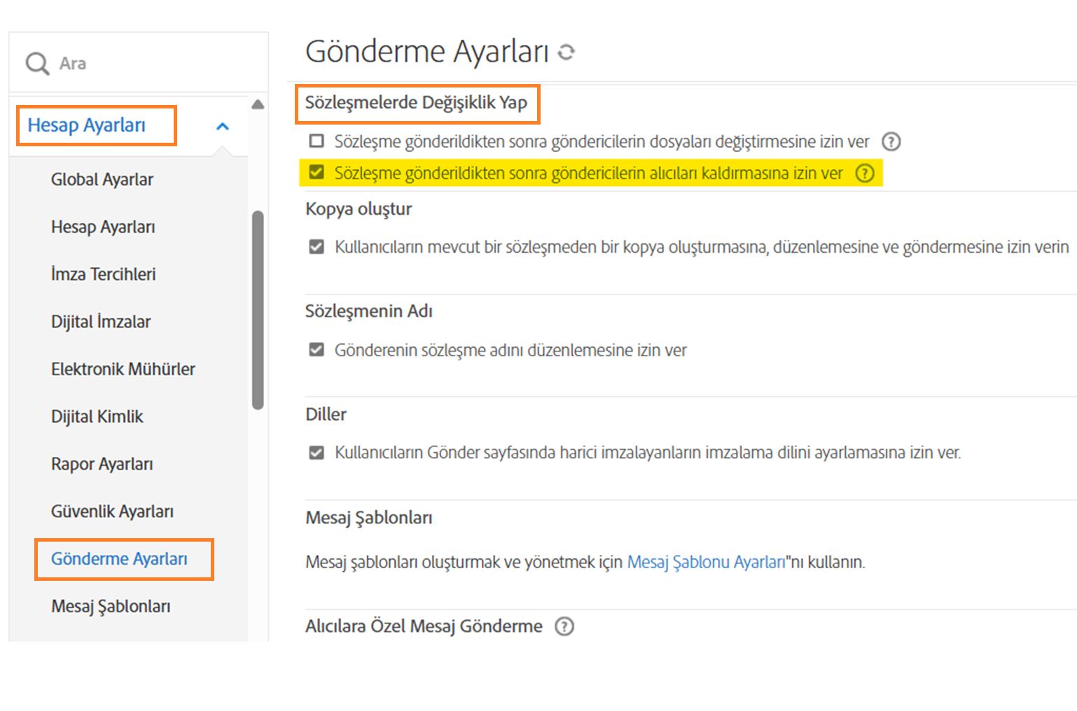 Sözleşmeyi Değiştirme kontrollerinin vurgulandığı Gönderme Ayarları menüsü