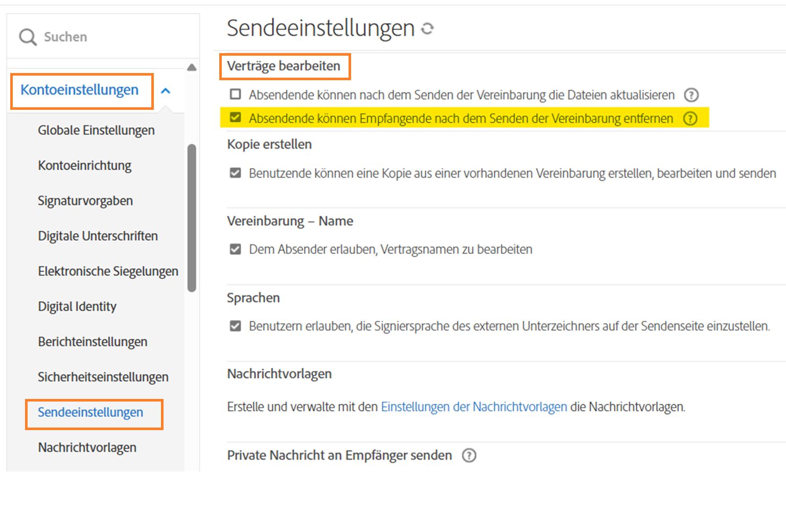 Das Sendeeinstellungs-Menü mit hervorgehobenen Steuerelementen für „Vereinbarungen bearbeiten“