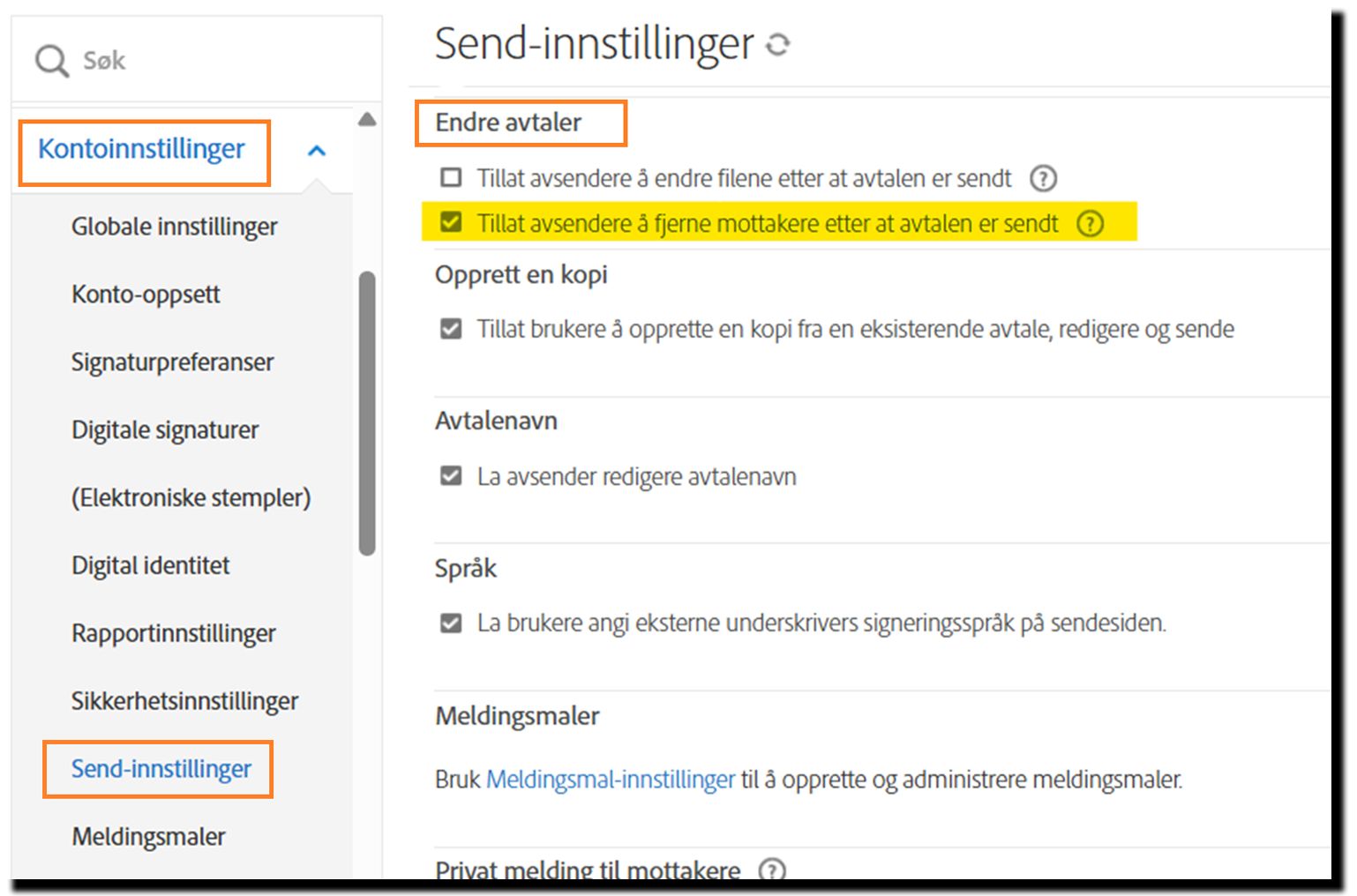 Sendingsinnstillinger-menyen fremhever kontrollene for Endre avtale