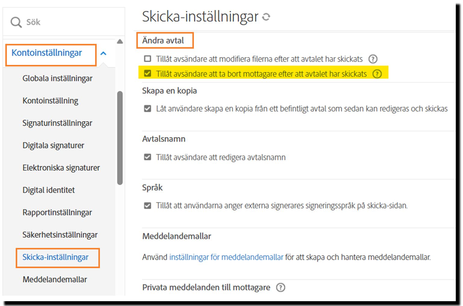 Menyn Skicka inställningar som markerar kontrollerna för Ändra avtal