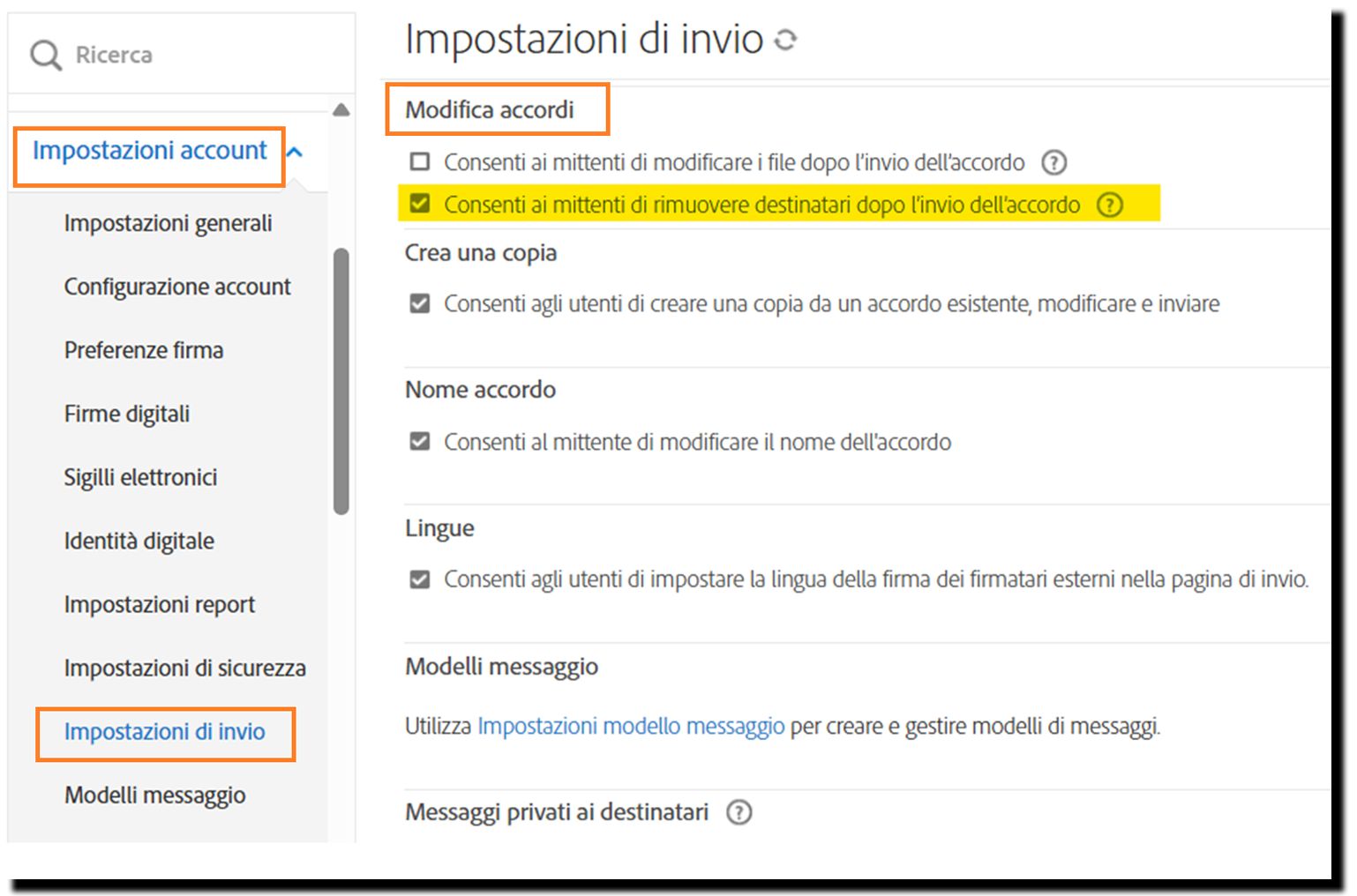 Il menu Impostazioni di invio che evidenzia i controlli di Modifica Accordo