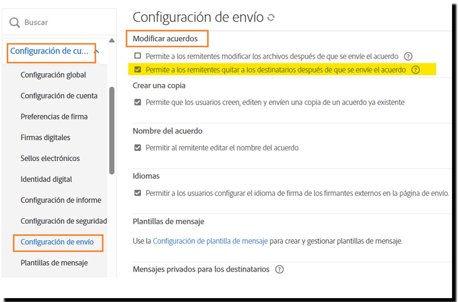 El menú Configuración de envío resaltando los controles de Modificar Acuerdo