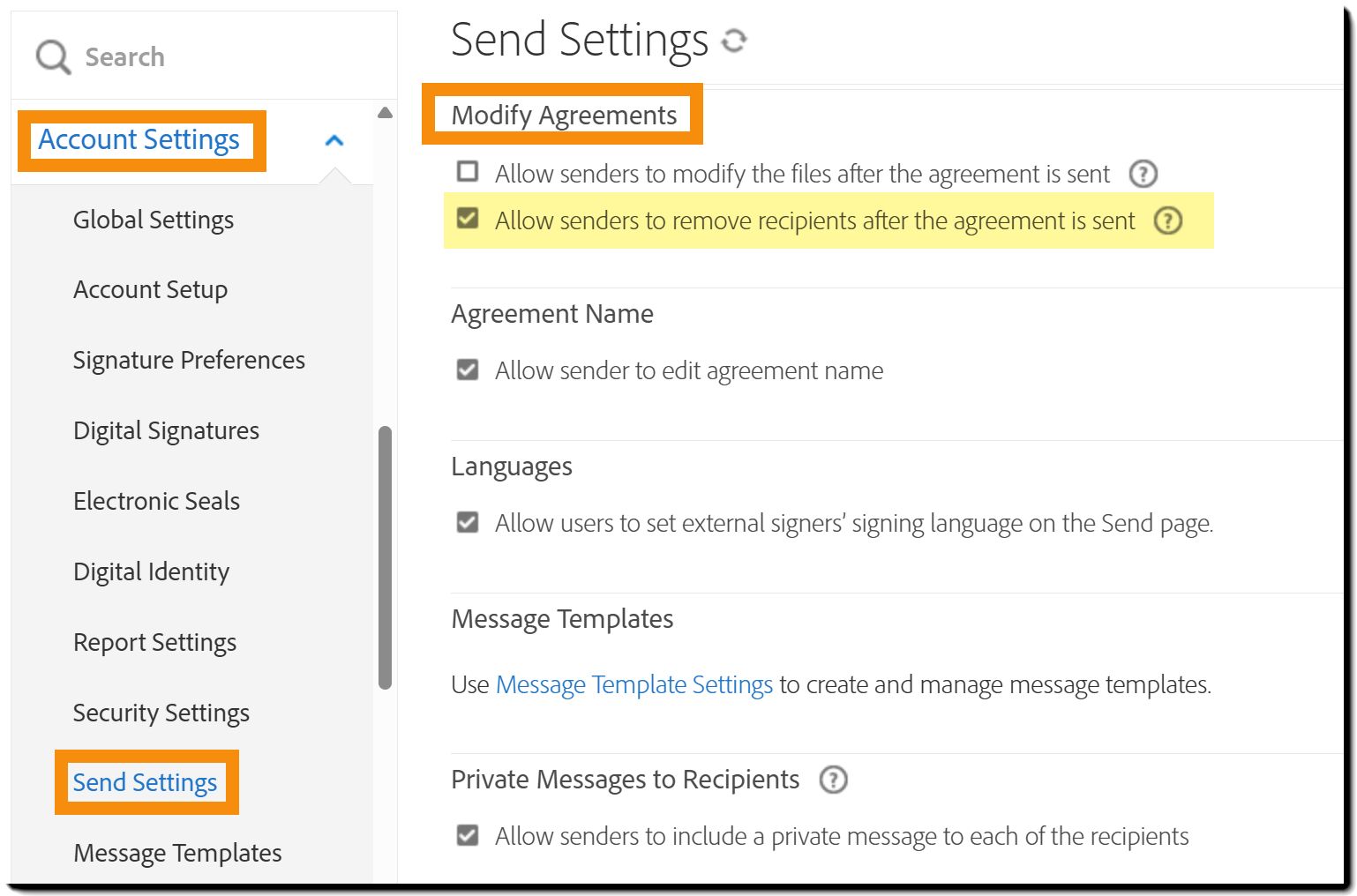 O menu “Configurações de envio”, realçando os controles de “Modificar contrato”