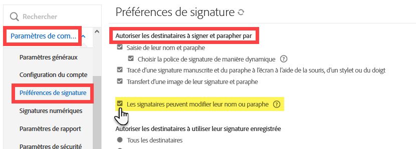 Autorisation pour les destinataires de modifier leur nom