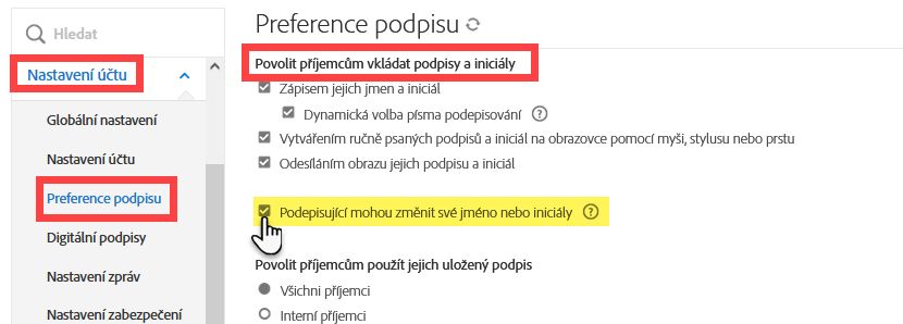 Povolte příjemcům změnit své jméno nebo iniciály