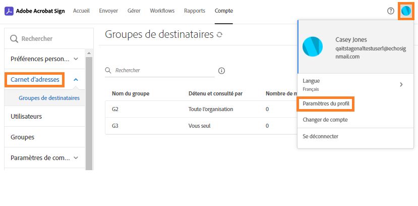 Page Groupe de destinataires avec le menu d’avatar ouvert, mettant en surbrillance l’option Paramètres du profil et le menu Carnet d’adresses