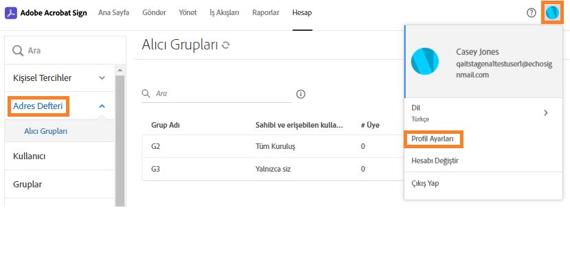 Avatar menüsü açık, Profil Ayarları seçeneği ve Adres defteri menüsü vurgulanmış Alıcı Grubu sayfası