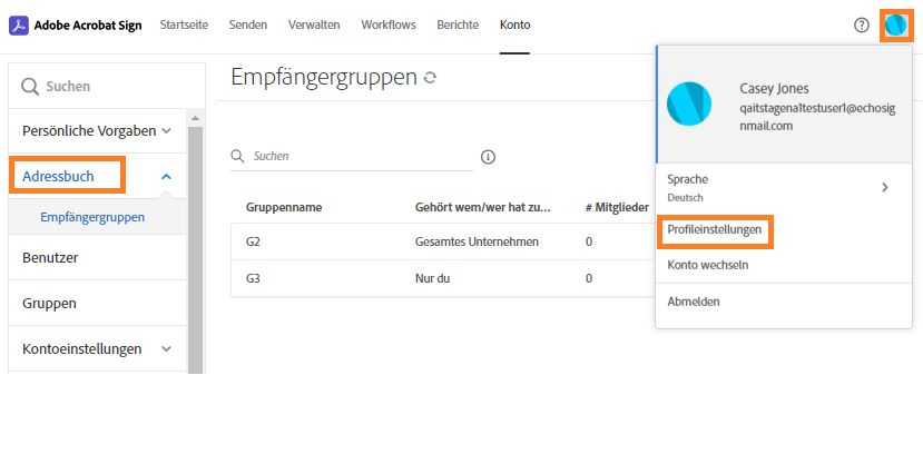 Die Seite „Empfangsgruppe“ mit geöffnetem Avatar-Menü, die Option „Profileinstellungen“ und das Menü „Adressbuch“ sind hervorgehoben