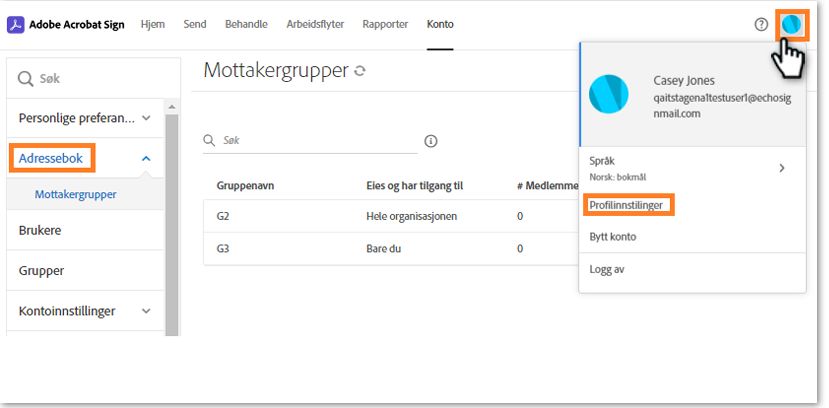 Mottakergruppe-siden med åpen avatarmeny, med alternativet Profilinnstillinger og Adressebok-menyen uthevet
