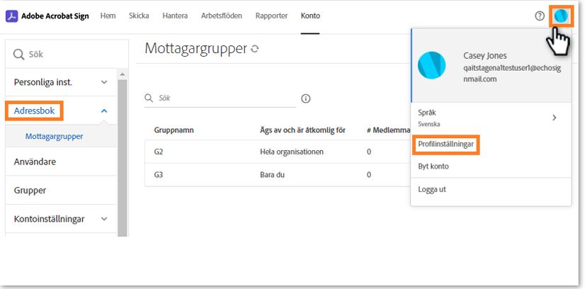 Sidan Mottagargrupp med avatarmenyn öppen, där alternativet Profilinställningar och menyn Adressbok är markerade