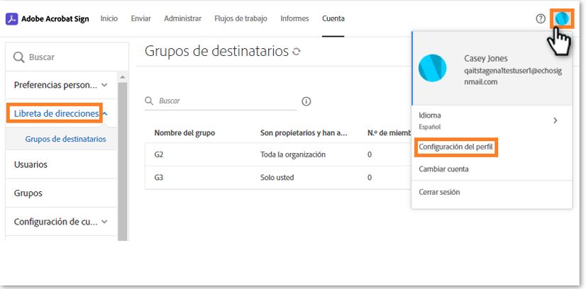 La página Grupo de destinatarios con el menú de avatar abierto, resaltando la opción Configuración de perfil y el menú Libreta de direcciones