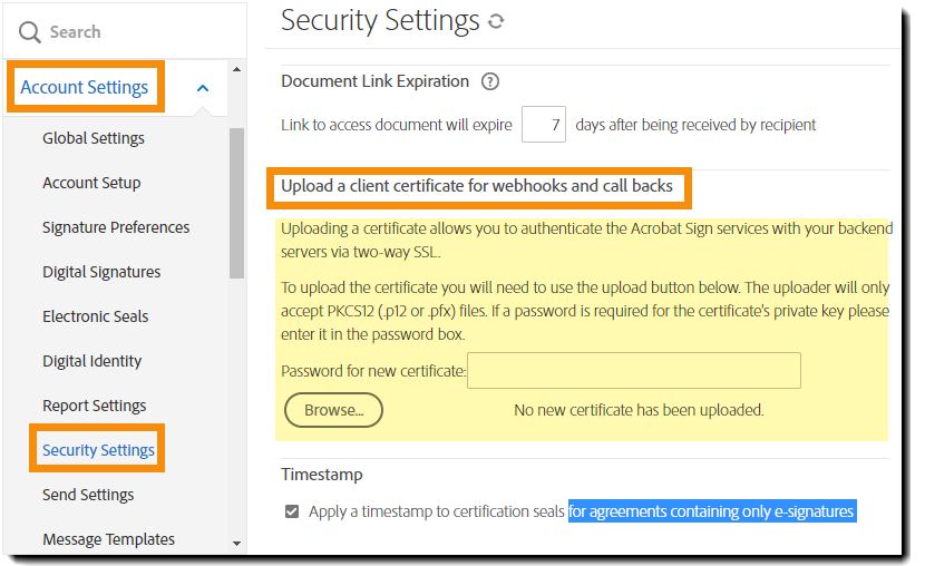 Accedi ai controlli dell’interfaccia utente per caricare un certificato client