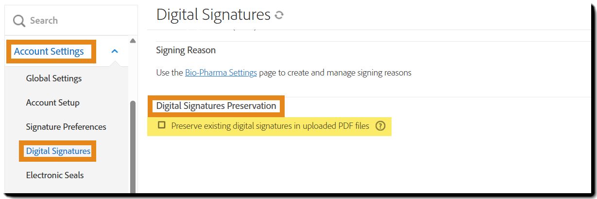 업로드된 PDF 파일의 기존 디지털 서명을 보존하는 설정이 포함된 디지털 서명 보존 섹션입니다.