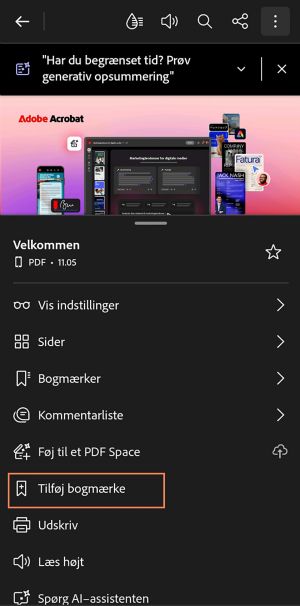 Navigationspanel i Acrobat på Android, der viser PDF-indstillinger, herunder Visningsindstillinger, Sider, Bogmærker, Føj til PDF Space og fremhævet Tilføj bogmærke-handling.