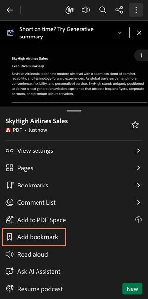 Navigation panel sa Acrobat sa Android na nagpapakita ng mga PDF option kasama ang View settings, Pages, Bookmarks, Add to PDF Space, at naka-highlight na Add bookmark action.