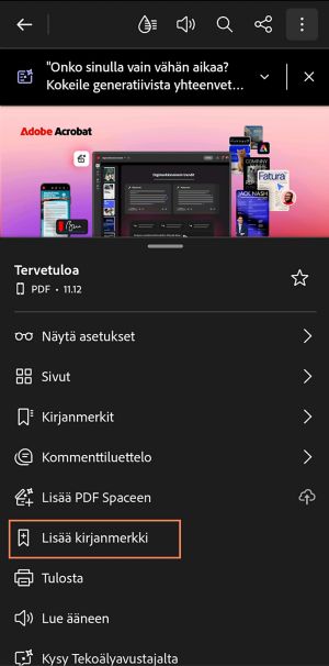 Navigointipaneeli Acrobatissa Androidilla näyttää PDF-vaihtoehdot, kuten Näkymäasetukset, Sivut, Kirjanmerkit, Lisää PDF Spaceen sekä korostettuna Lisää kirjanmerkki -toiminto.