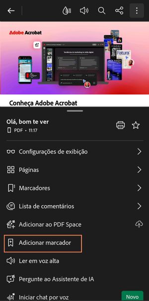 Painel de navegação no Acrobat no Android mostrando opções de PDF, entre elas Configurações de exibição, Páginas, Marcadores, Adicionar ao PDF Space e a ação destacada Adicionar marcador.