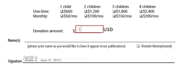 Vue Destinataire du champ de paiement avec une valeur négative