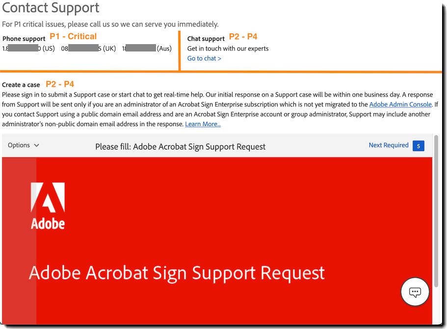 従来の Acrobat Sign ポータルのサポート連絡先情報。