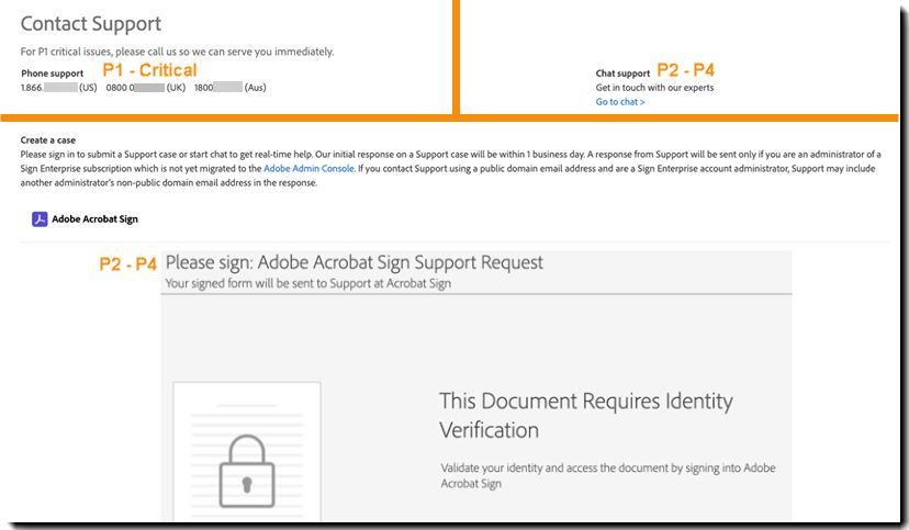Die Support-Kontaktinformationen für das ältere Acrobat Sign-Portal.