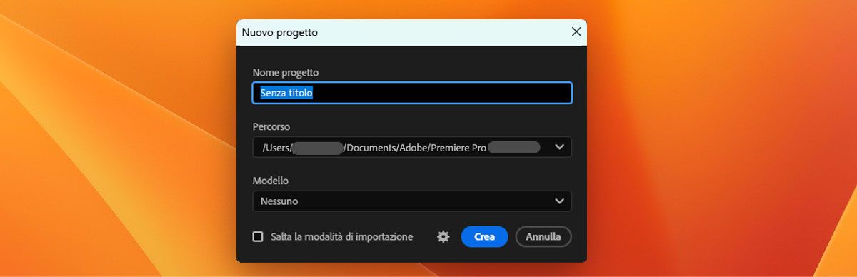 Immagine che mostra la finestra di dialogo di creazione del nuovo progetto con le opzioni “Nome progetto”, “Posizione” e “Modello” visibili.