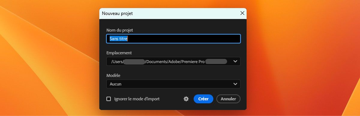 L’image montre la boîte de dialogue de création d’un nouveau projet avec les options visibles « Nom du projet », « Emplacement » et « Modèle ».