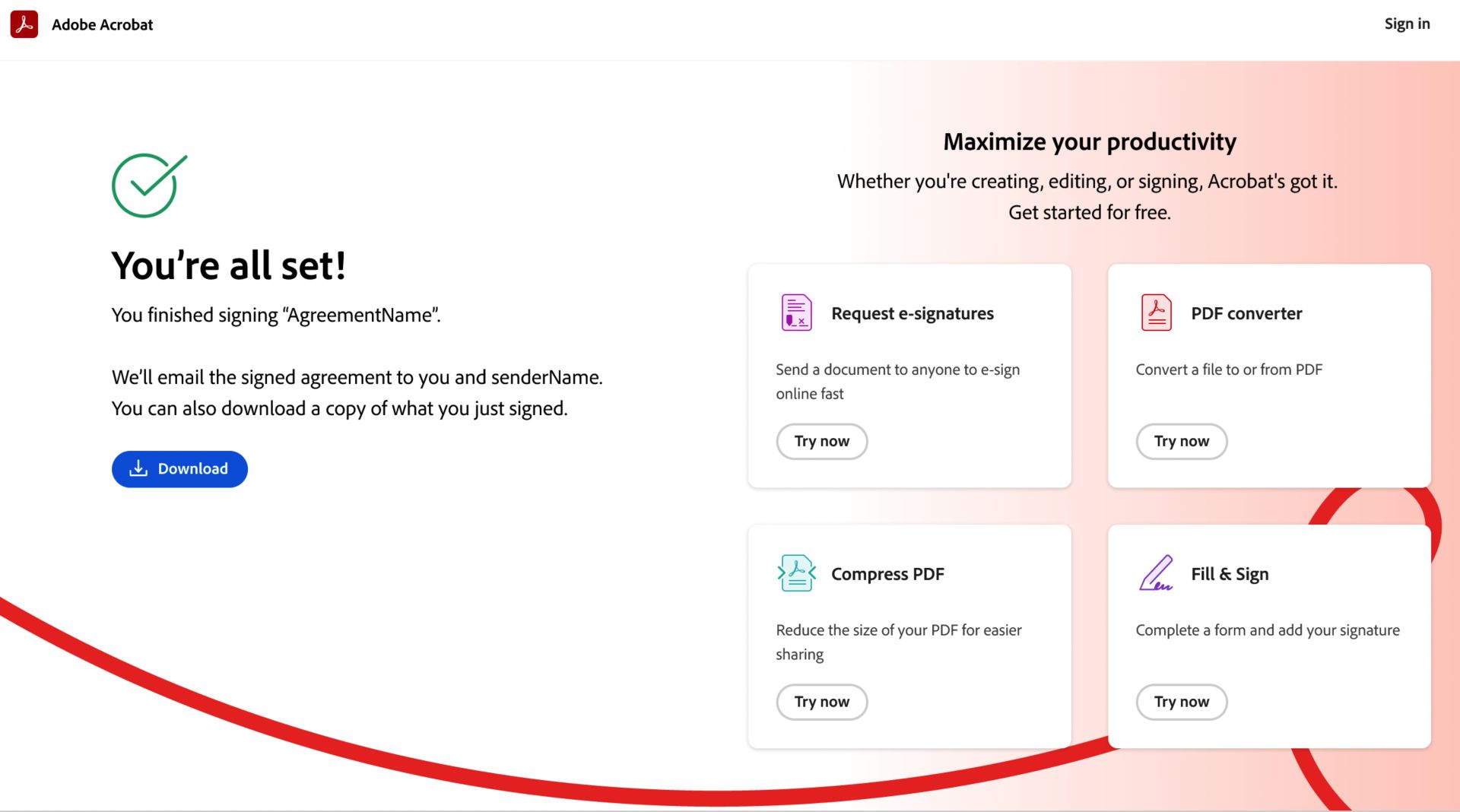 受信者がアドビ製品を試すために実行できる 4 つのアクションが表示されている新しい署名完了後ページ