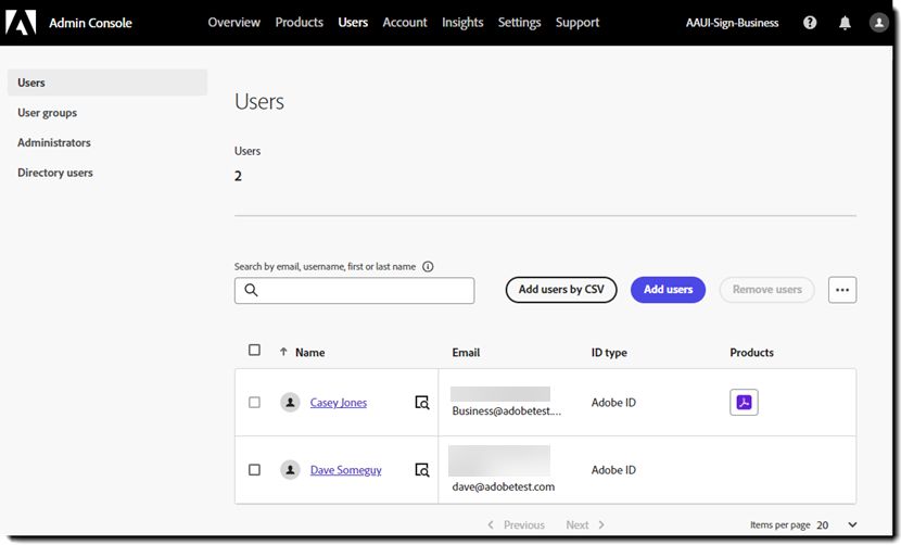 추가된 새 사용자를 보여주는 Admin Console