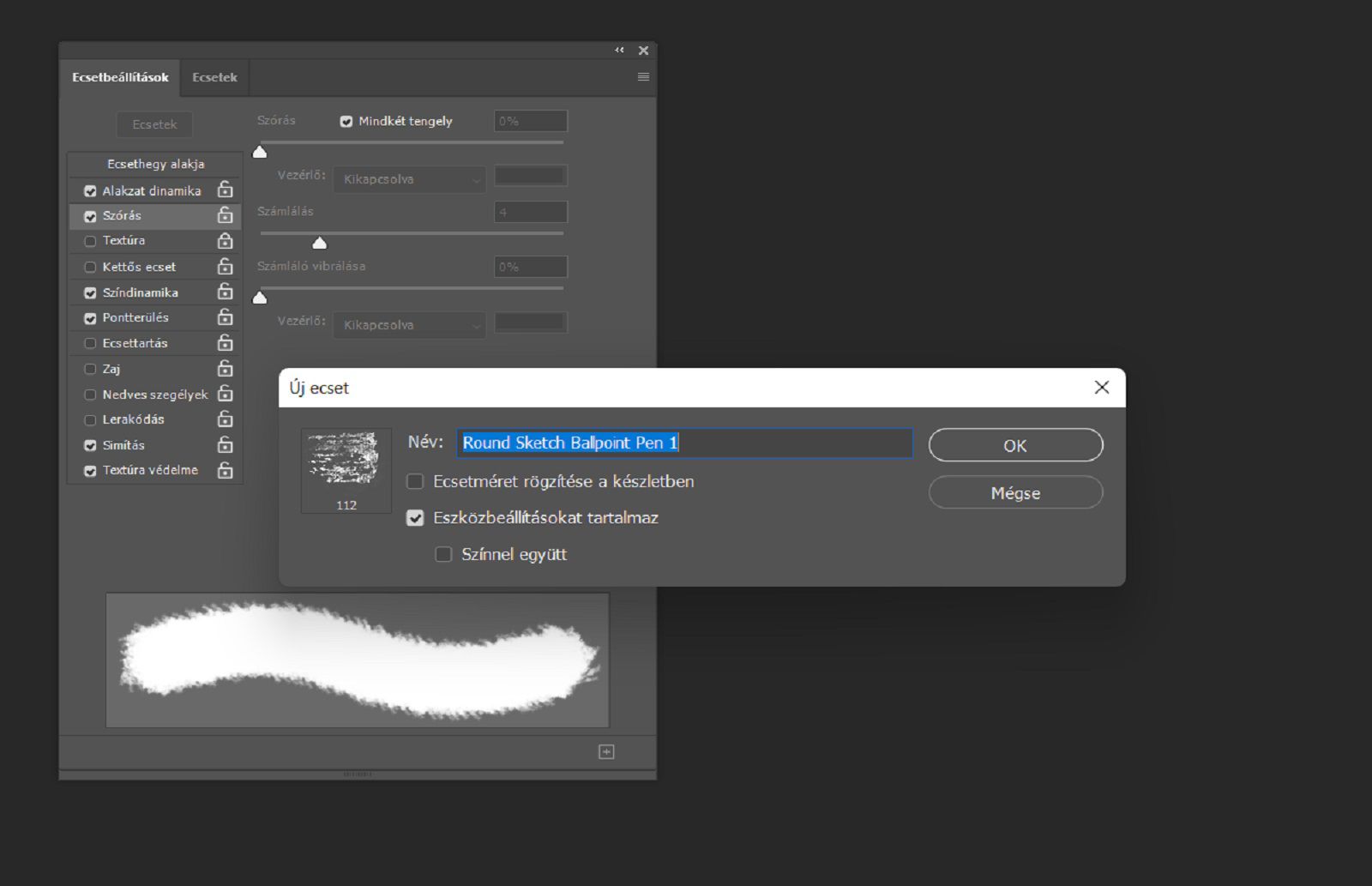 Új ecset párbeszédpanel a név mezővel és a méret, szín és eszközbeállítások felvételének lehetőségeivel, az Ecsetbeállítások a háttérben.