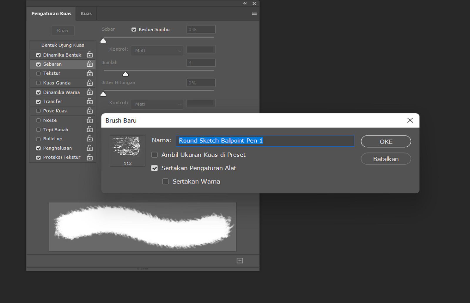 Kotak dialog Kuas Baru menampilkan kolom nama dan opsi untuk menyertakan ukuran, warna, dan pengaturan alat, dengan Pengaturan Kuas di belakangnya.
