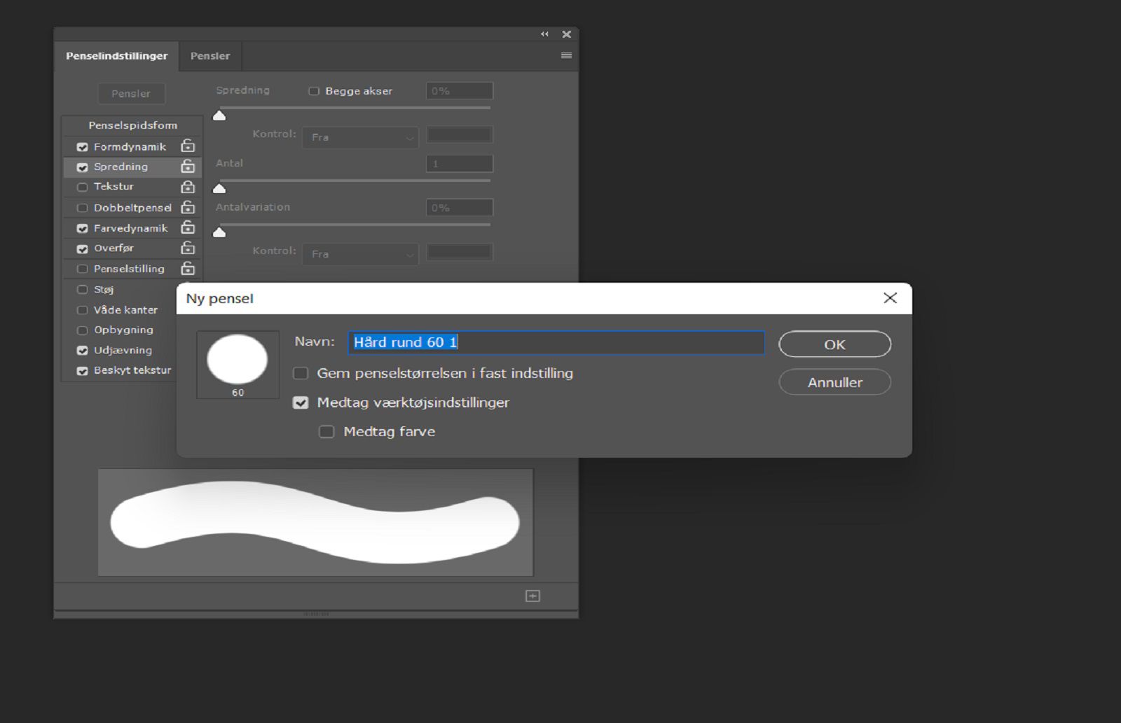Dialogboksen Ny pensel viser navnefelt og indstillinger til at inkludere størrelse, farve og værktøjsindstillinger, med Penselindstillinger i baggrunden.