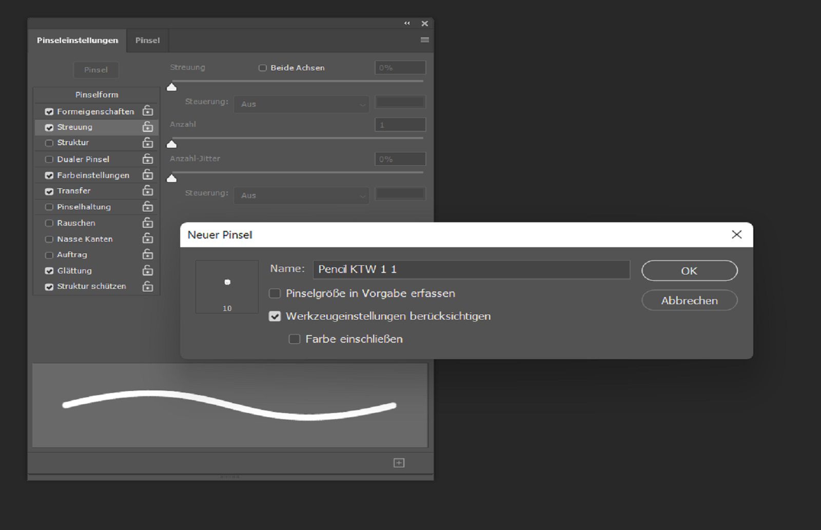 Dialog Neuer Pinsel mit Namensfeld und Optionen, um Größe, Farbe und Einstellungen für Werkzeuge einzubeziehen, und im Hintergrund die Pinsel-Einstellungen.