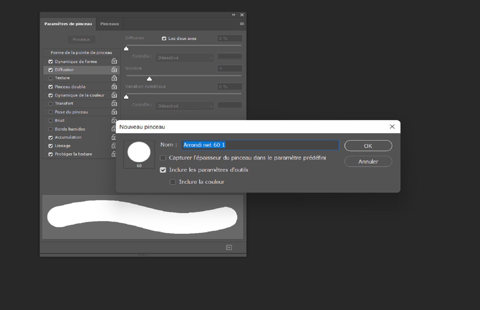 Boîte de dialogue Nouveau pinceau affichant le champ du nom et les options pour inclure la taille, la couleur et les paramètres d’outil, avec les Paramètres de pinceau en arrière-plan.