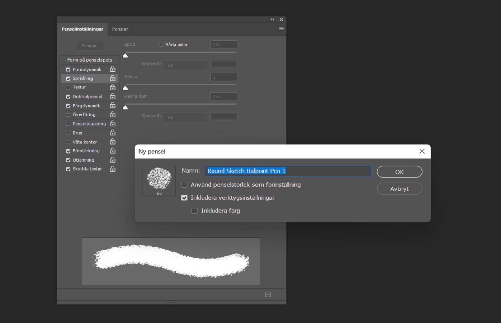 Dialogrutan Ny pensel som visar namnfält och alternativ för att inkludera storlek, färg och verktygsinställningar, med penselinställningar i bakgrunden.