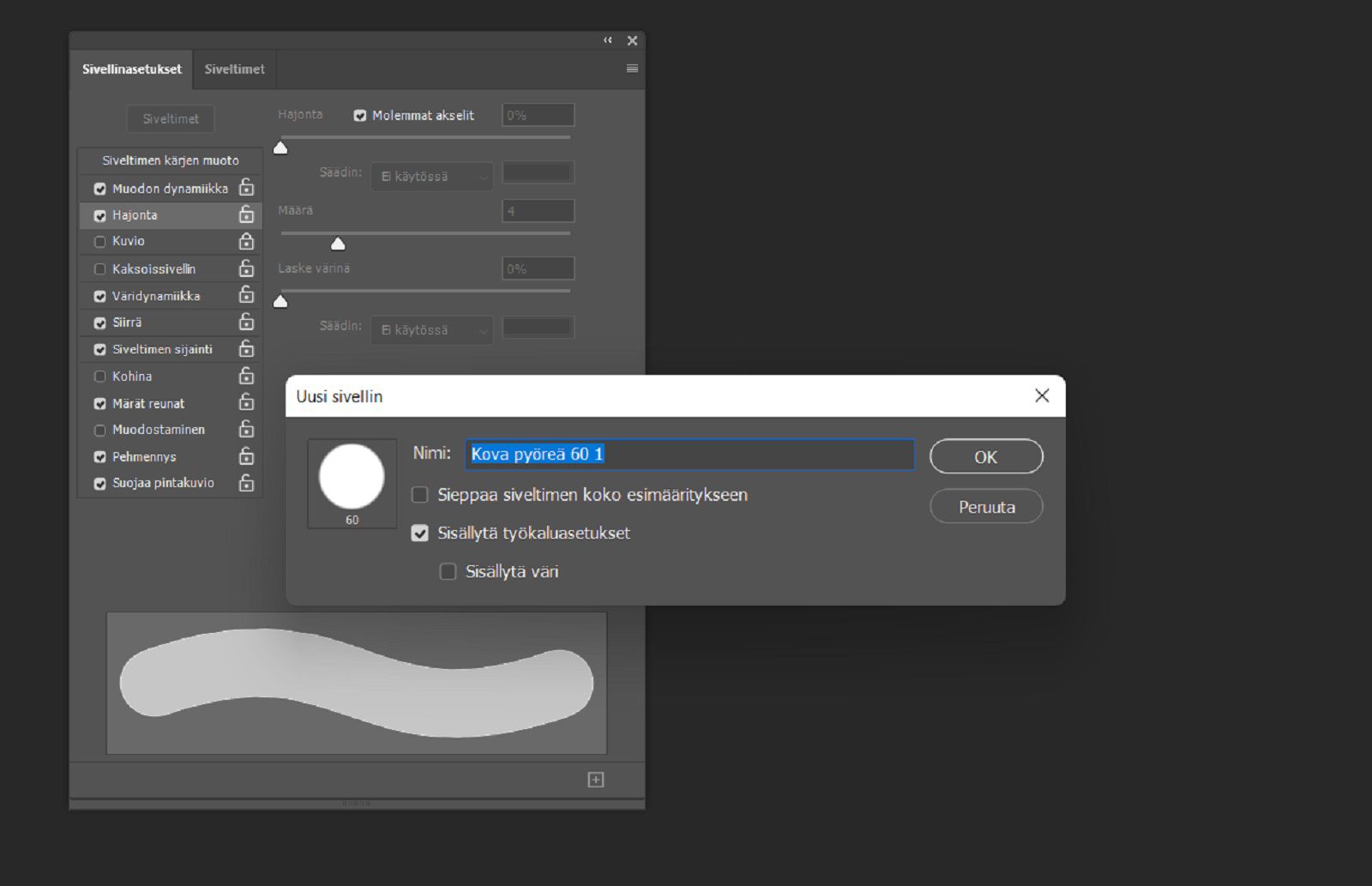 Uusi sivellin -valintaikkuna, jossa on nimikenttä ja koon, värin ja työkaluasetusten sisällyttämisen valintaruudut. Taustalla näkyy Sivellinasetukset-paneeli.