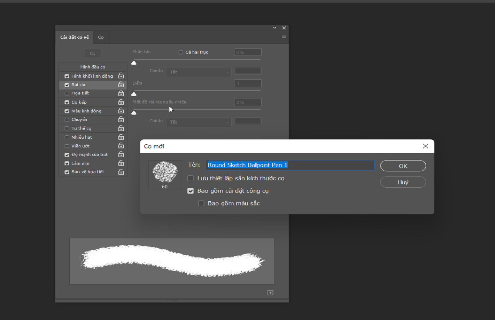 Hộp thoại Cọ mới hiển thị trường tên và các tùy chọn bao gồm các cài đặt về kích thước, màu sắc và công cụ, trong đó phần Cài đặt cọ nằm phía sau.