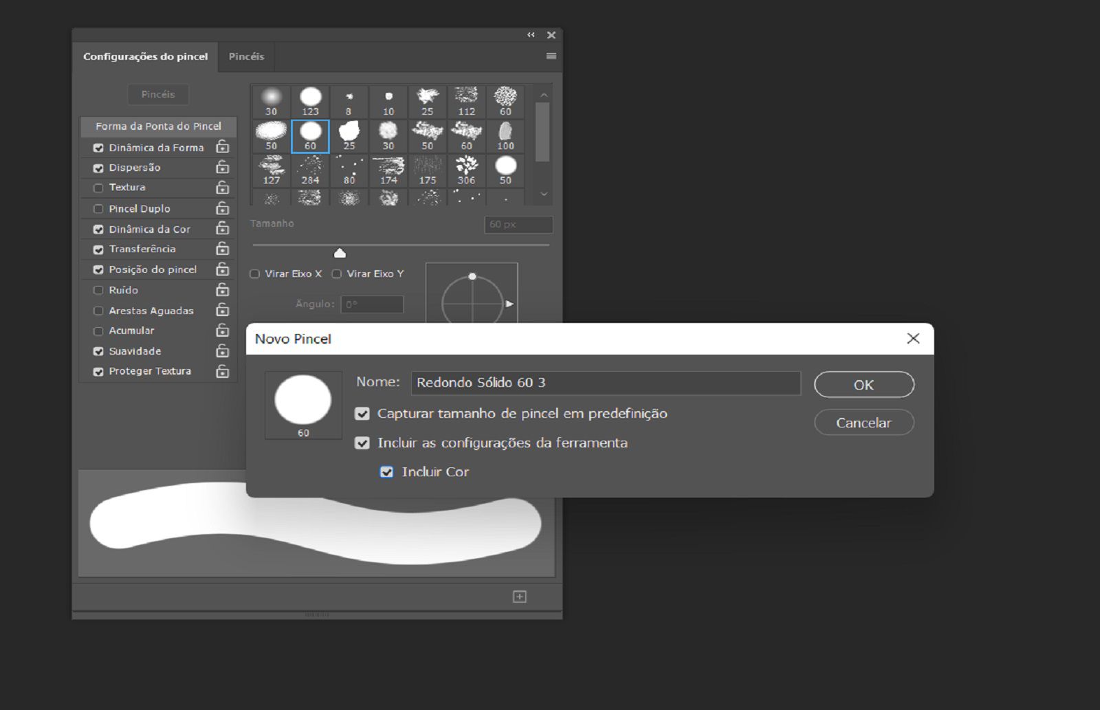Caixa de diálogo Novo Pincel mostrando campo de nome e opções para incluir tamanho, cor e configurações de ferramenta, com Configurações do Pincel ao fundo. 