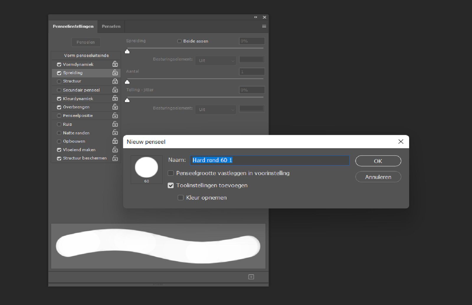 Dialoogvenster Nieuw penseel met naamveld en opties om grootte, kleur en tool-instellingen op te nemen, met Brush Settings op de achtergrond.