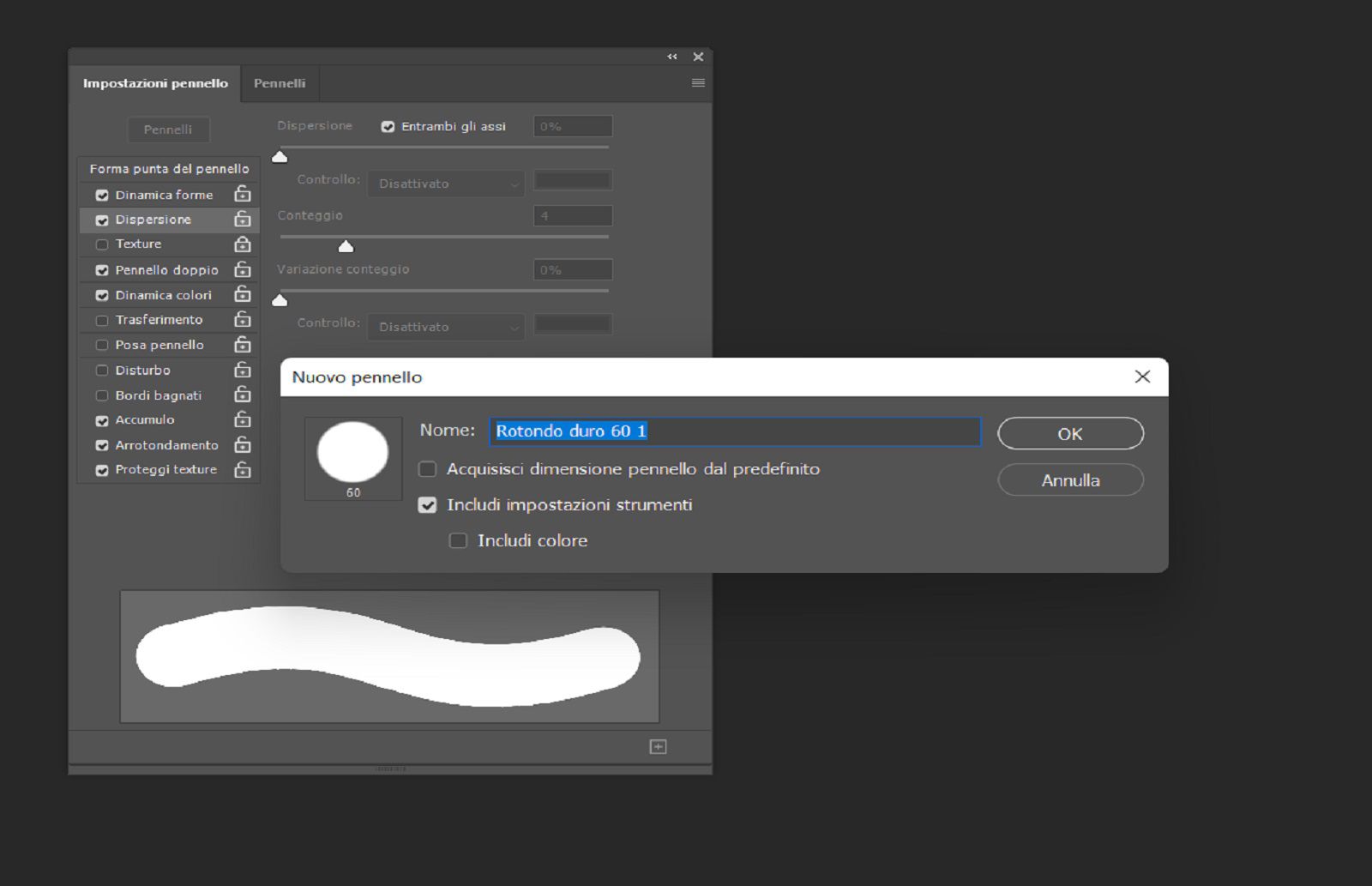 Finestra di dialogo Nuovo pennello che mostra il campo del nome e le opzioni per includere dimensione, colore e impostazioni strumento, con Impostazioni pennello sullo sfondo.