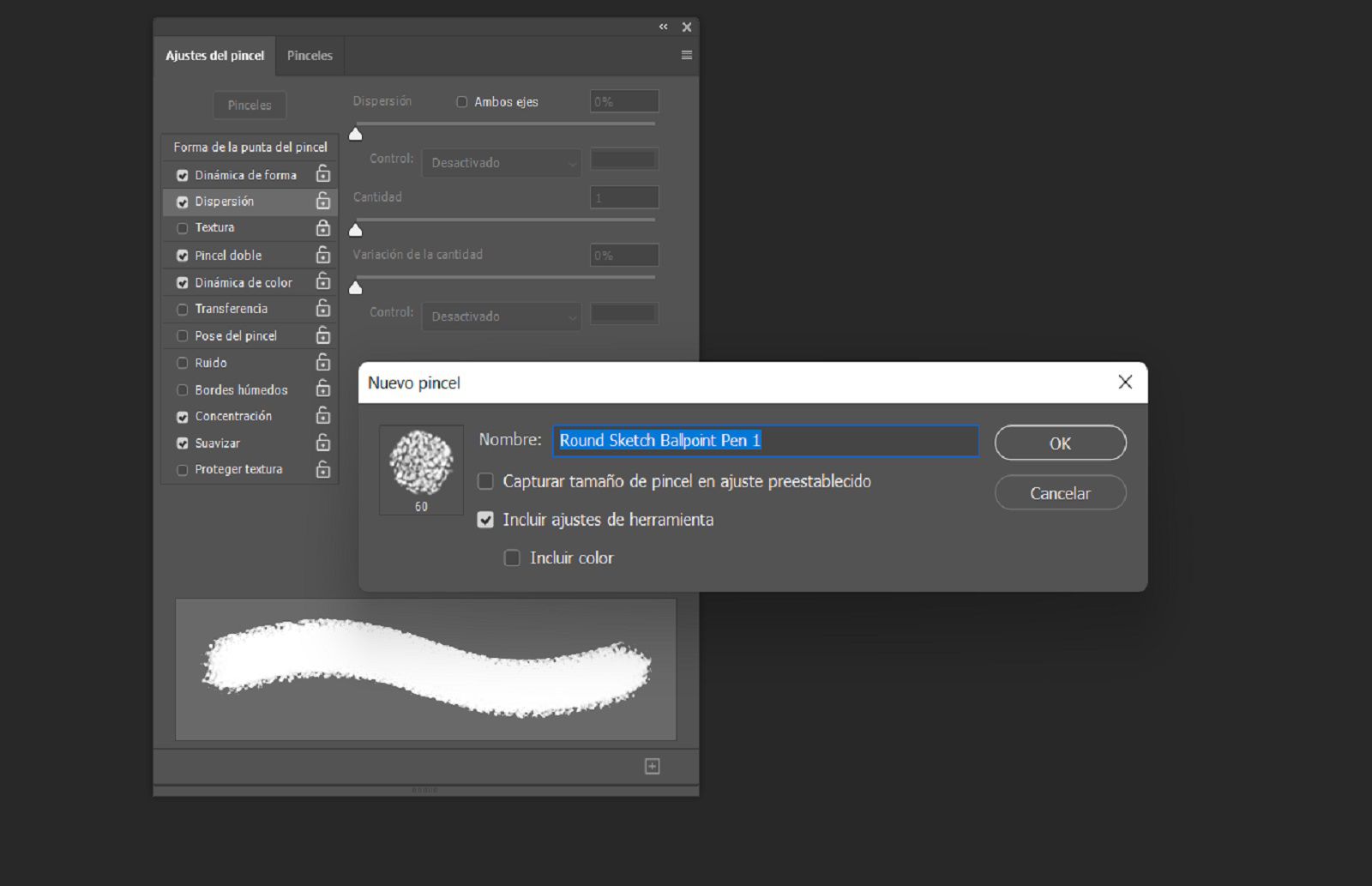 Cuadro de diálogo Nuevo Pincel que muestra el campo de nombre y opciones para incluir tamaño, color y ajustes de herramienta, con Ajustes de Pincel detrás.