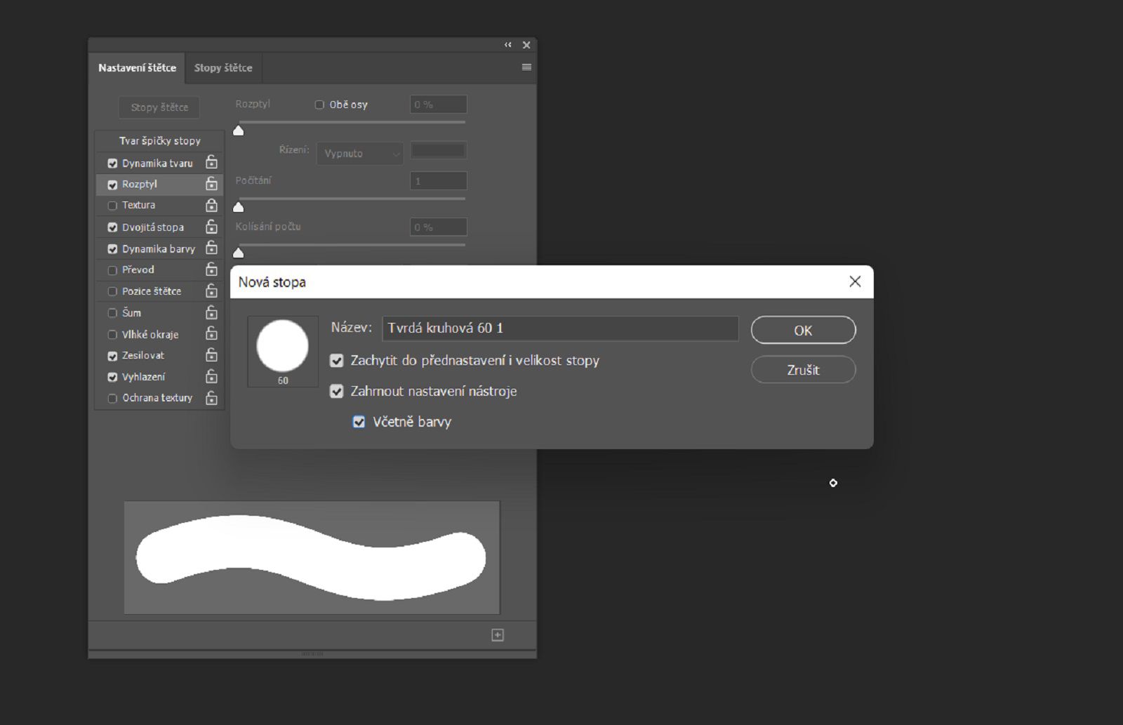 Dialogové okno Nový štětec zobrazující pole pro název a options pro zahrnutí velikosti, barvy a nastavení nástroj, s Nastavením štětce v pozadí.